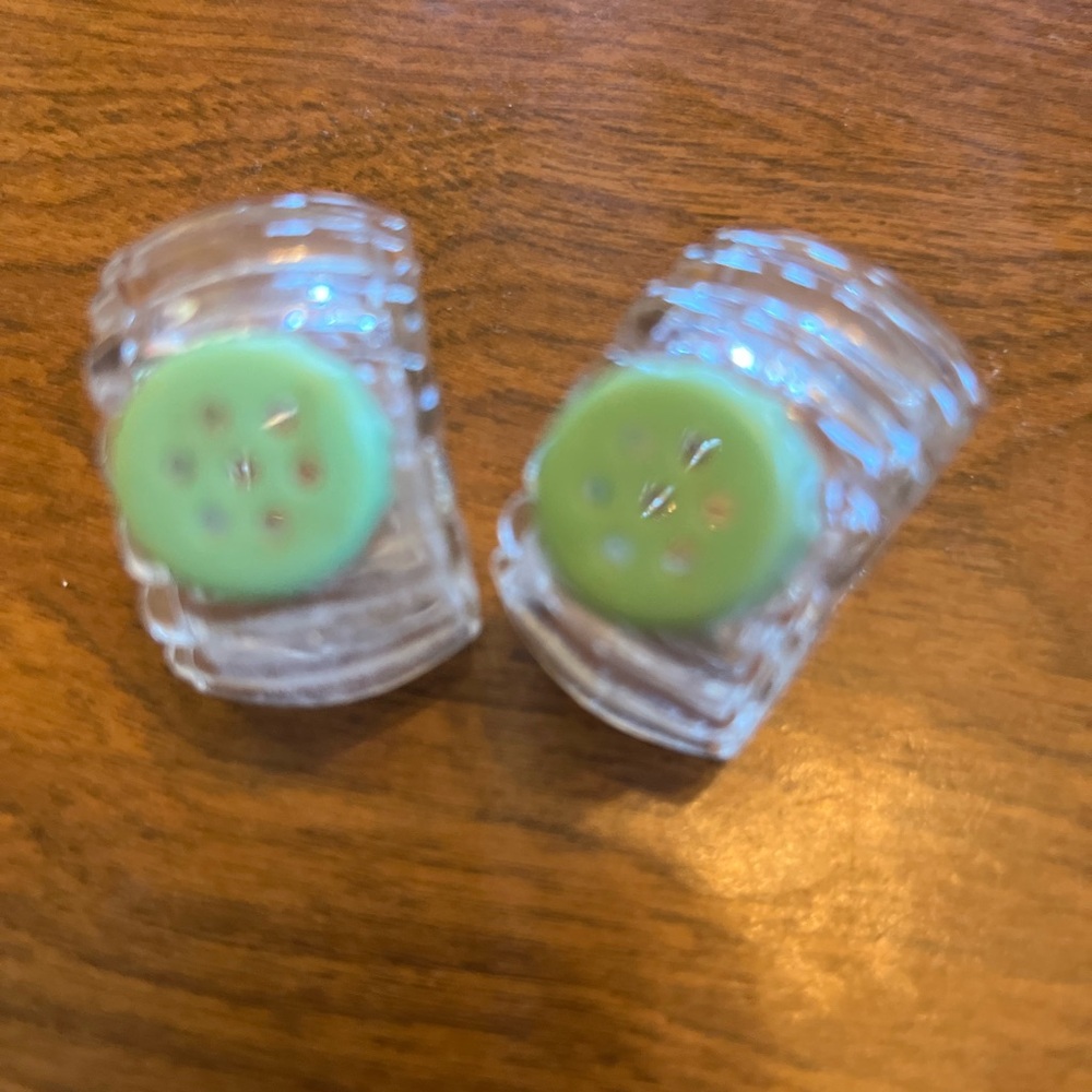 Crystal Clear salt n pepper shakers with Green Accents
